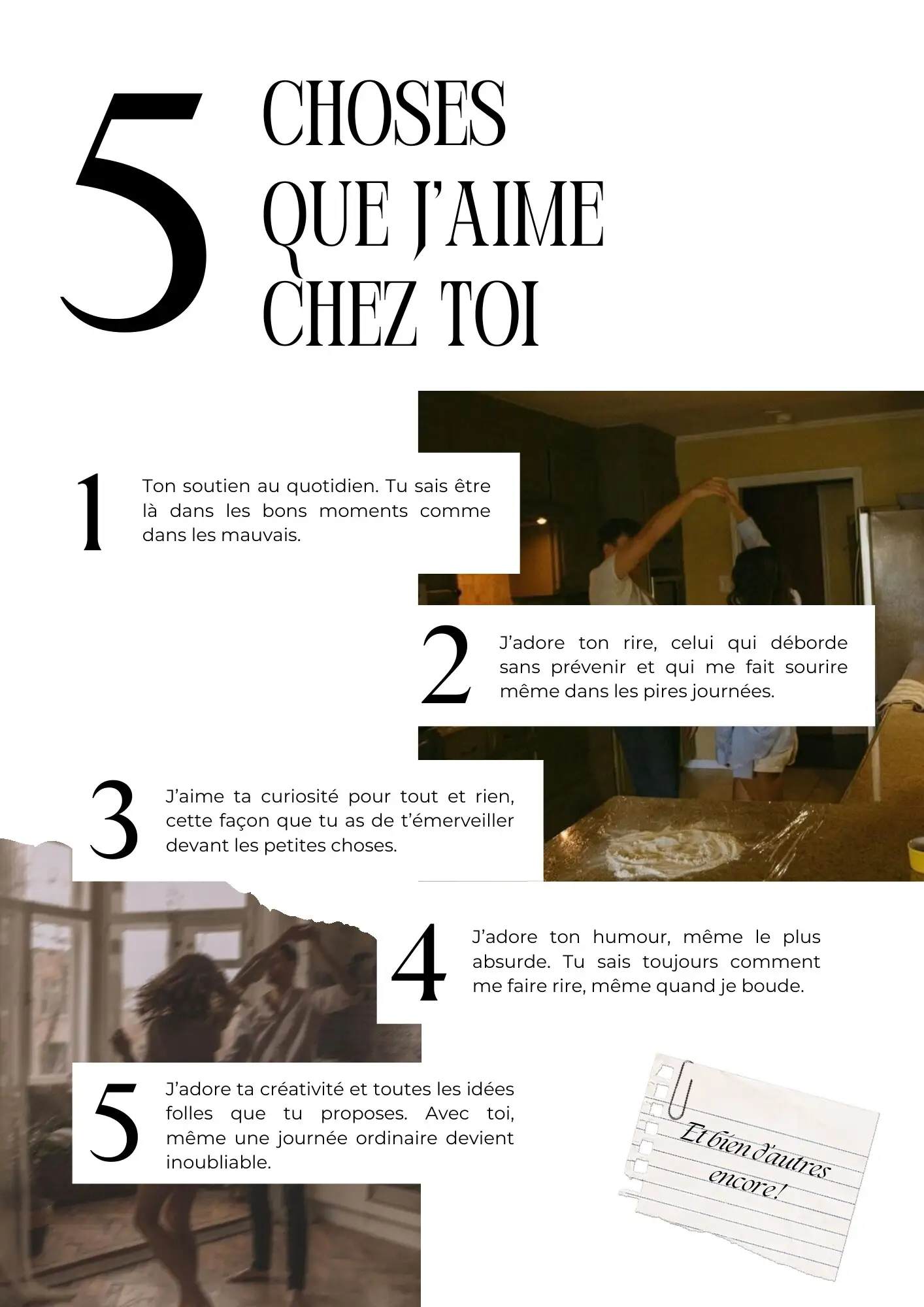 Page « 5 choses que j’aime chez toi », cinq petits textes illustrés de photos