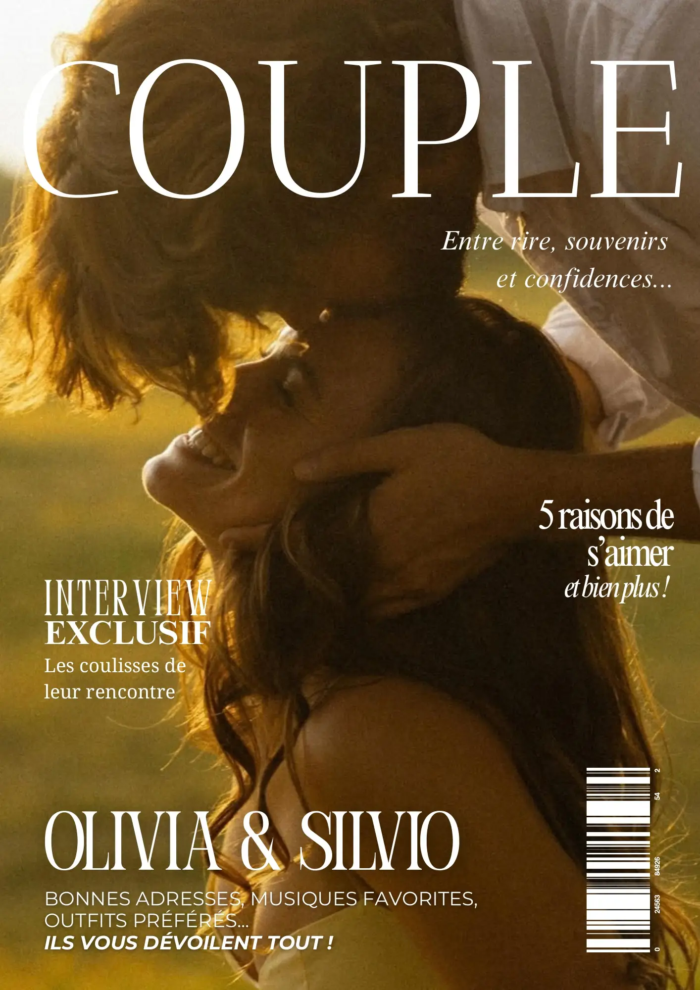 Couverture du Magazine Couple : un couple enlacé au soleil couchant, avec le titre COUPLE et les prénoms Olivia et Silvio