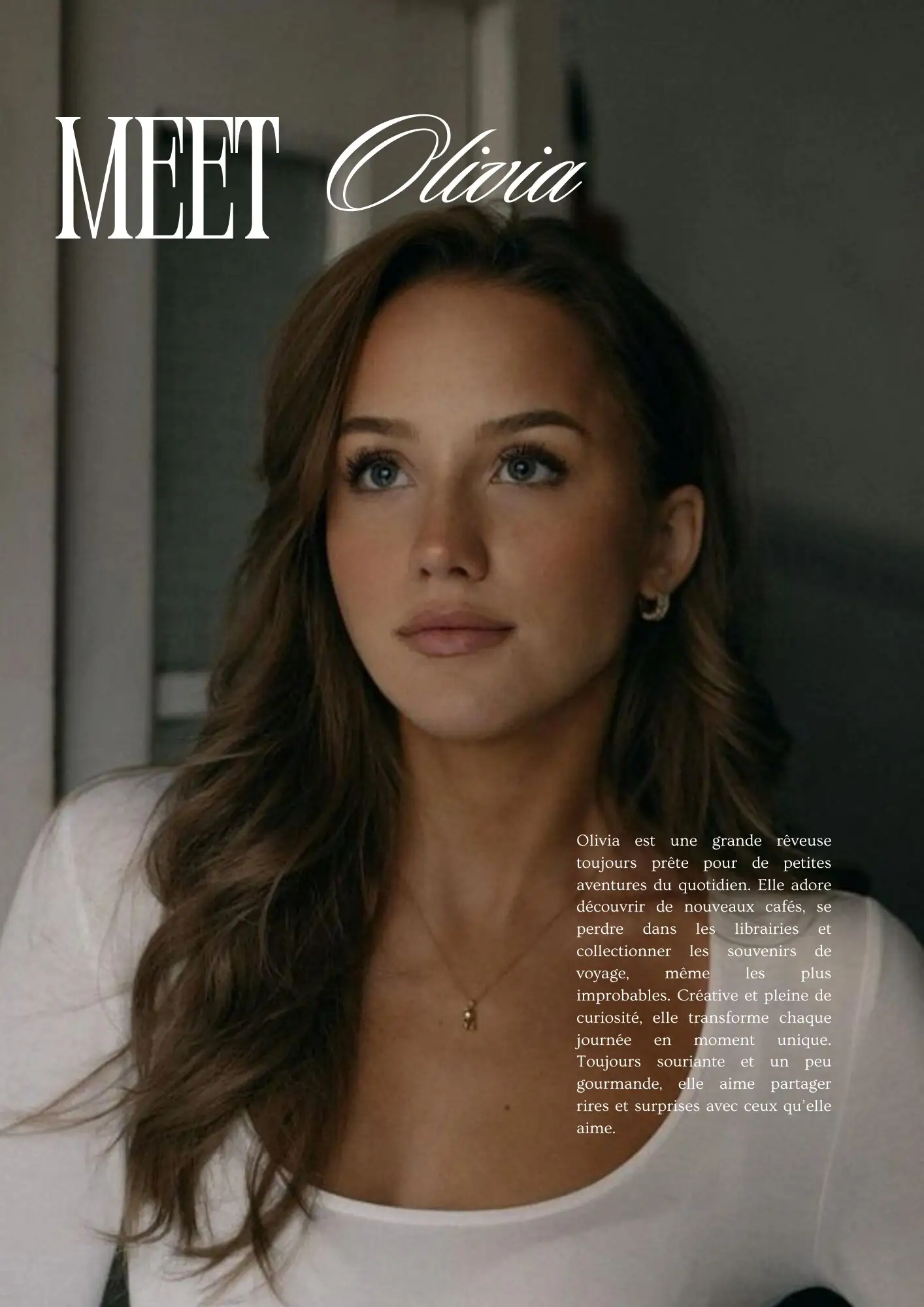 Page portrait « Meet Olivia », une grande photo et un court texte