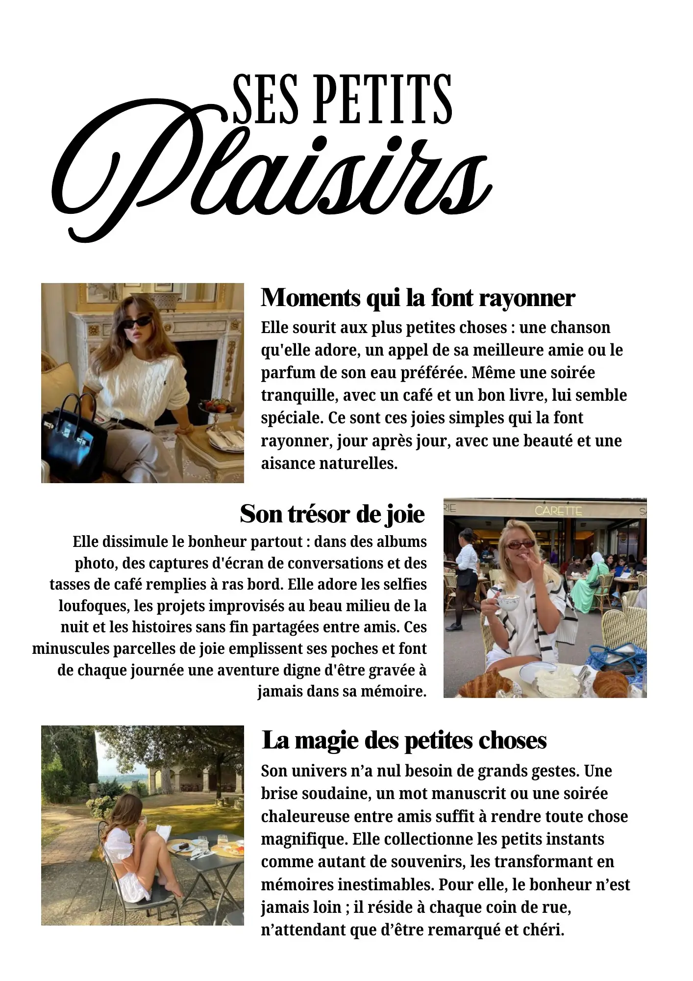 Page « Ses petits plaisirs », trois moments illustrés de photos
